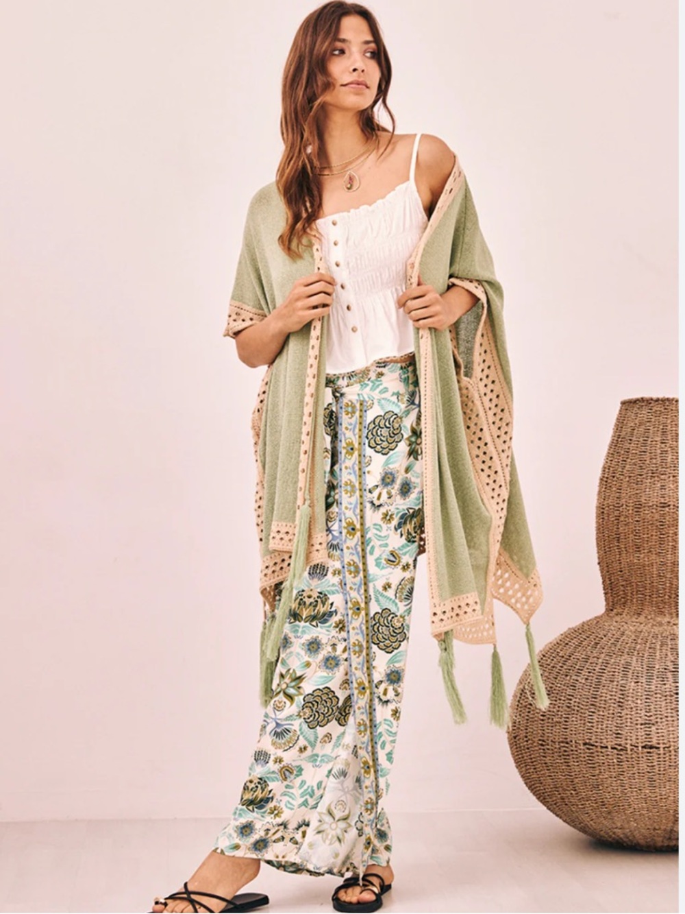 Nekane Sage Green Lurex Crochet Trim Tassel Kimono Cardigan Small Medium